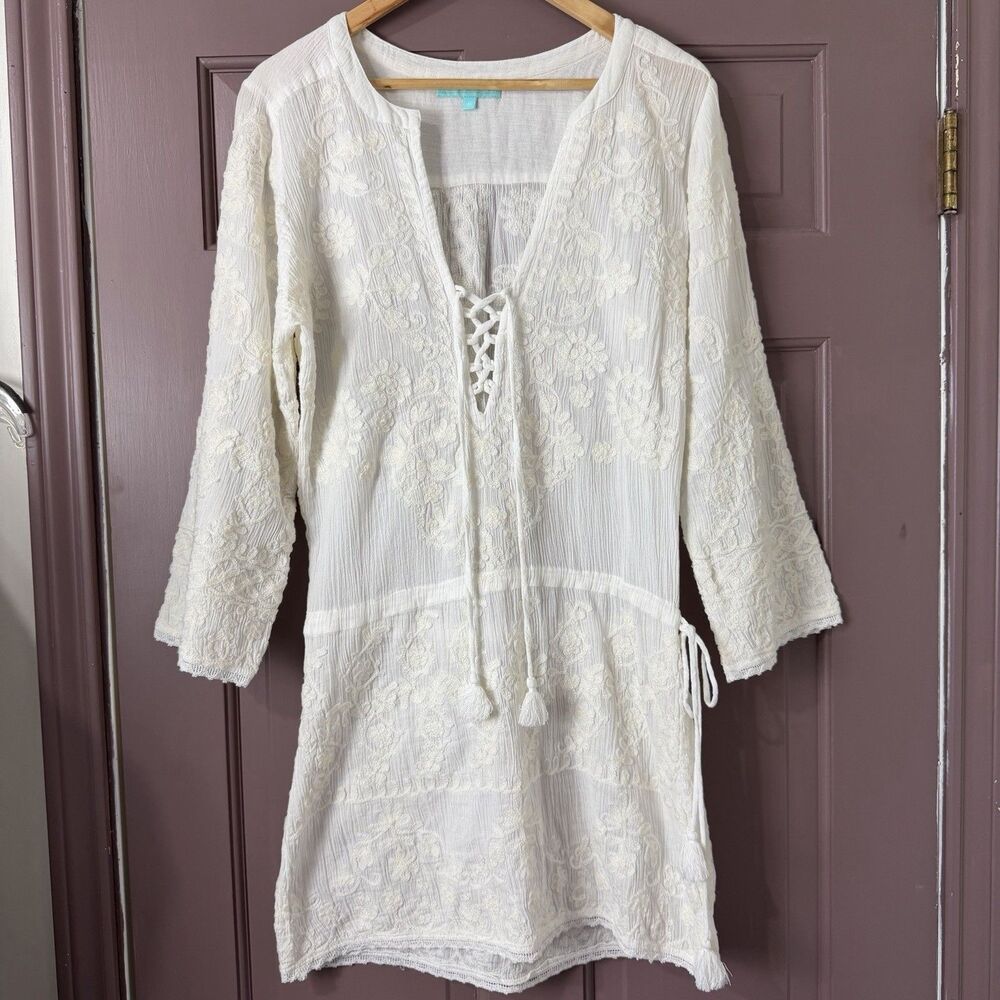 Melissa Odabash Swim Cover Dress White Embroidered Cotton Lace Tassel Women’s M